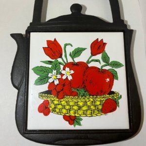Vintage Cast Iron Trivet Teapot Shape Ceramic Tile Hot Plate - Apple design